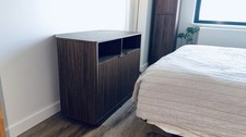 Modern Brown Woodgrain Cabinet with Doors Shelves, 43.3x21.7x32.1 in