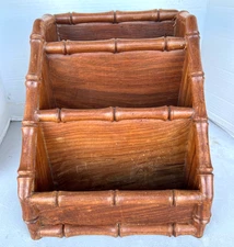 VTG DESK/KITCHEN ORGANIZER , BAMBOO CARVED WOOD , 3 COMPARTMENTS 10X10 RARE