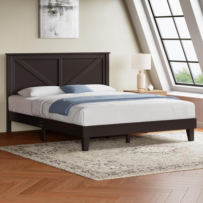 Farmhouse Espresso Full Bed Frame with V-Designed Headboard, Easy Assembly