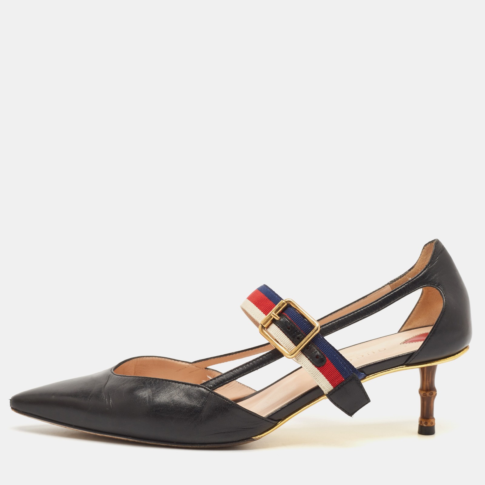 Gucci Black Leather Sylvie Bamboo Heel Pumps Size 40 Web Strap