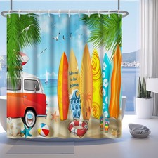 Summer Surfboard Shower Curtain Tropical Seaside Palm Tree 72x72 Inch Decor