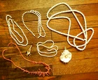 Vintage 4 White Necklaces Milk Glass Beads Monet & 2 Enamel Flower Brooches Pins