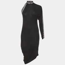 Versace Black Logo Band Jersey One Shoulder Midi Dress S