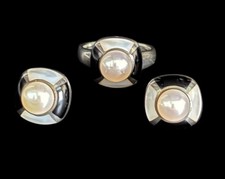 925 Sterling Asch Grossbardt Pearl Square Earring And Ring Set 18K Accents 19g