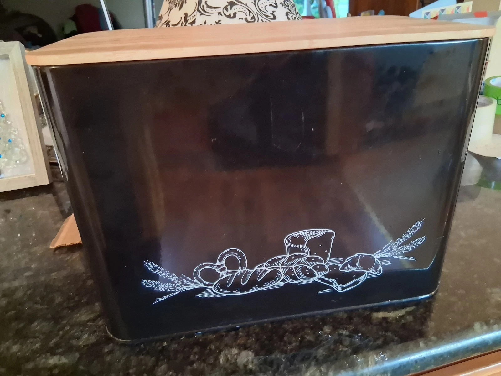 Vertical Black Metal Bread Box with Wood Cutting Board Lid