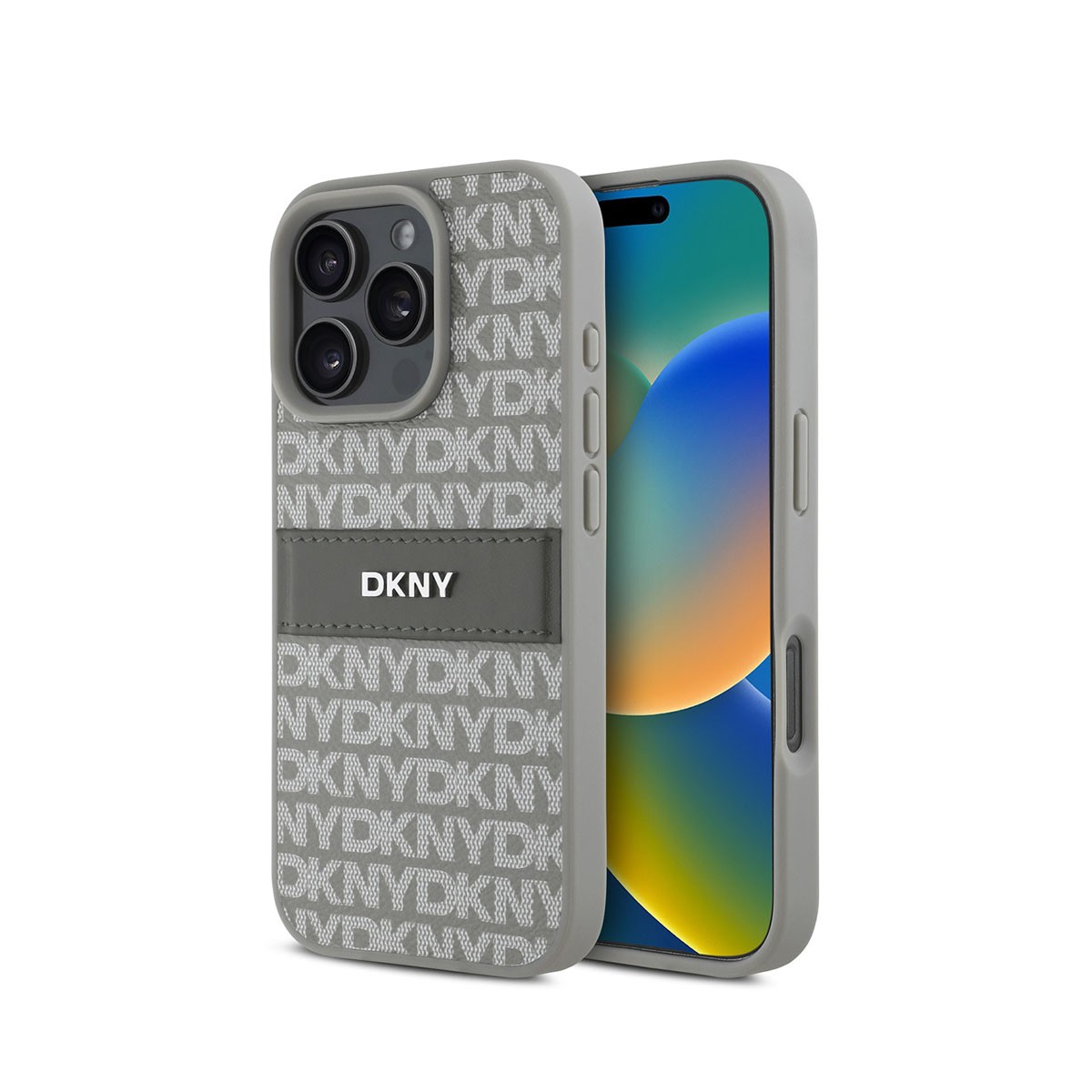 Coque DKNY iPhone 16 Pro beige avec le motif imprimé Repeat Pattern