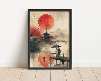 Japanischer Sonnenuntergang Wandbild Paar Druck Zen Landschaft rote Sonne orientalisches Dekor