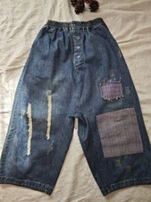Boro Patchwork Sarouel Pants Sashiko Cotton Denim Loose Fit Free Size