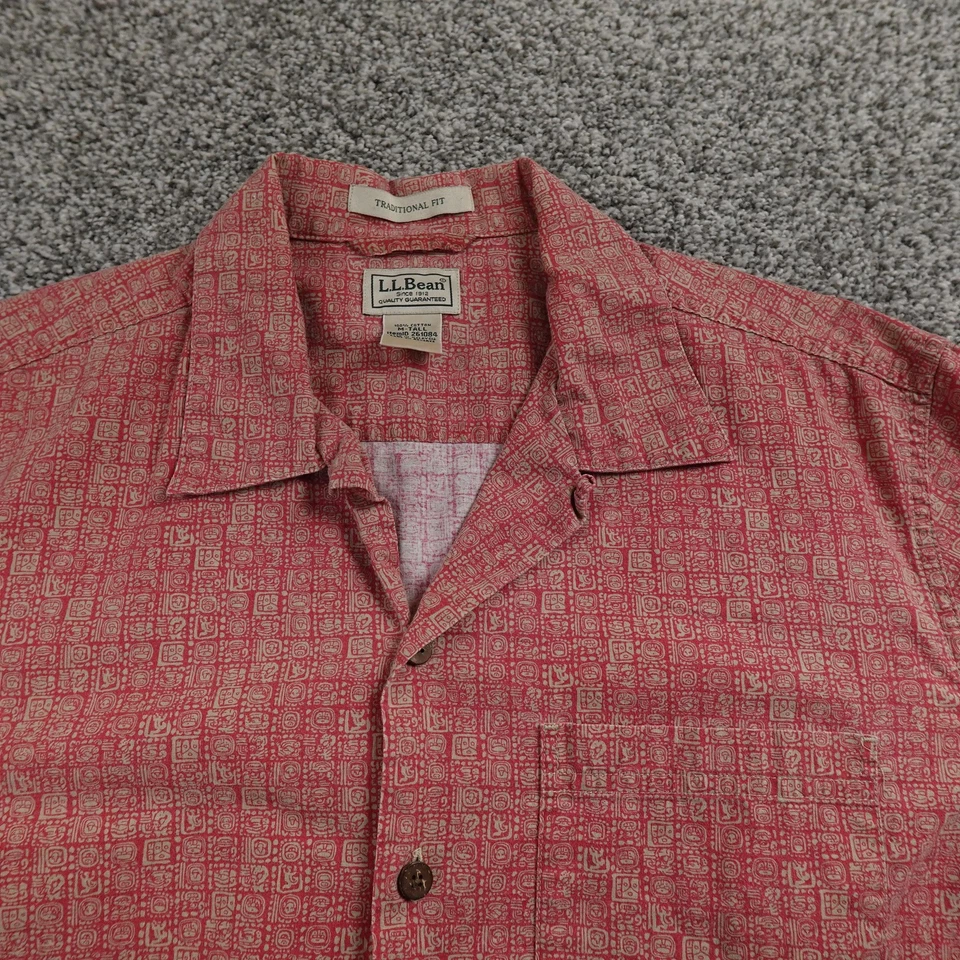 LL Bean Shirt Mens M Tall Red Chambray Tiki Hawaiian Loop Collar Button Up Camp - Image 3 of 4