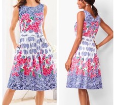 Talbots Mosaic Blue Red Floral Sateen Sleeveless Flare Dress Pockets Size 6