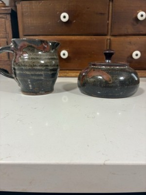 John Glick Plum Tree Pottery Creamer And Sugar. Signed