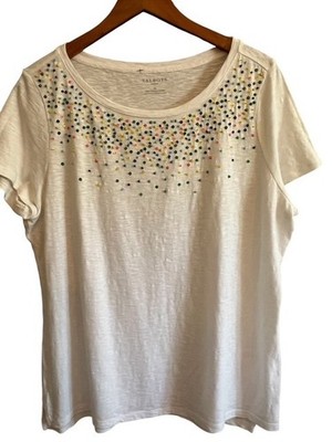 Talbots Confetti Sequin Ballet Neck Tee White 1X Pullover Cotton Knit High Low