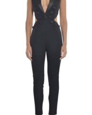 MISHA Angela Pantsuit Sleeveless Jumpsuit Cut Out Satin Collar Black New US 6