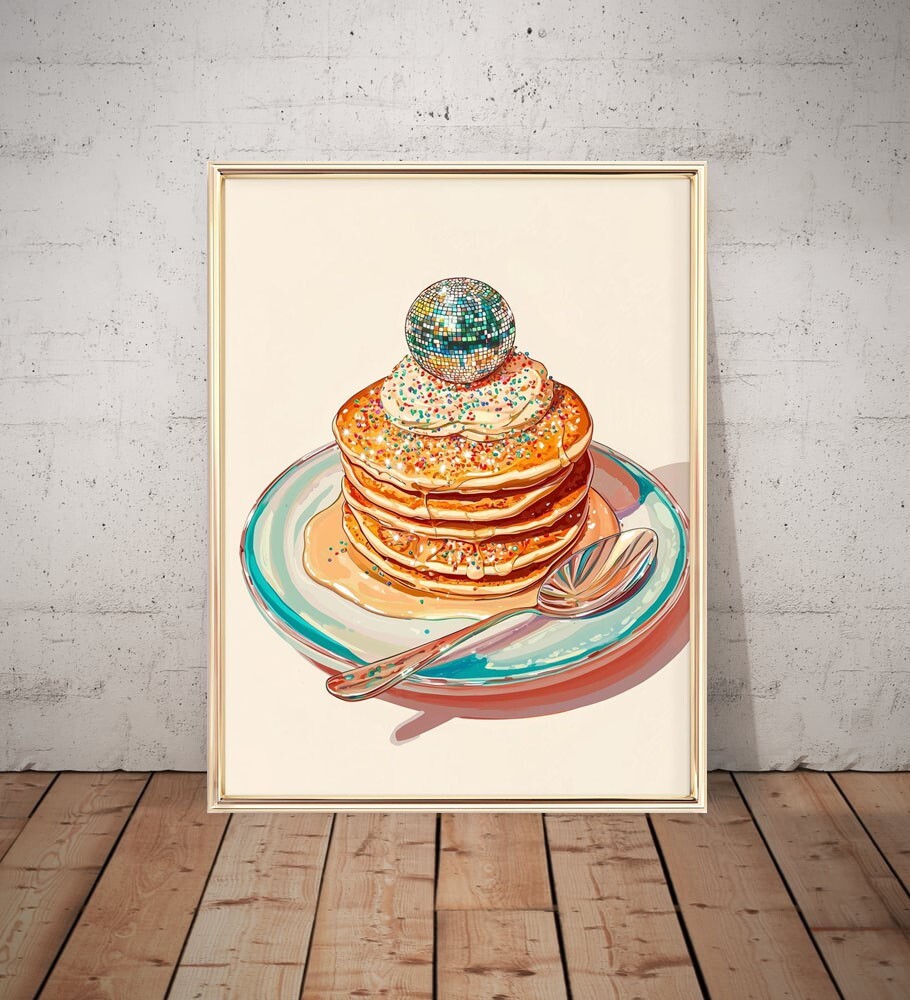 Impresión de panqueques de discoteca, arte de pared de cocina retro, póster de comida de moda sin marco