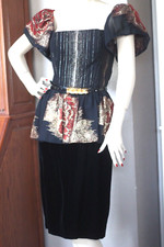  Vintage Victor Costa Velvet Floral Metallic Peplum Formal Party Dress