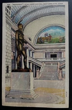 Vintage Postcard 1935 "Massasoit" Statue, State Capitol, Salt Lake City Utah