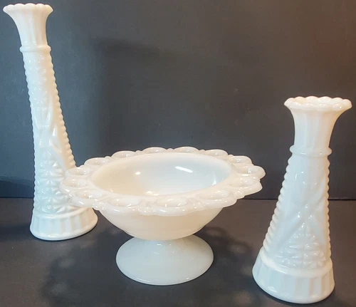 Vintage 3 Pc Hocking Milk Glass Bud Vases & Open Lace Candy Dish | Wedding Decor