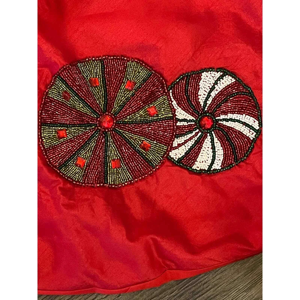 Vickerman Red Christmas Tree Skirt with Candy Cane, Lollipops, Beaded Decoration - Image 4 of 4