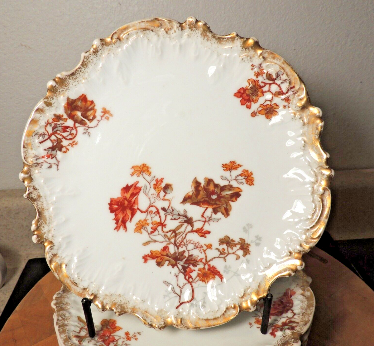 Elite Limoges Salad Plates Rust Colored Floral Gold Scalloped