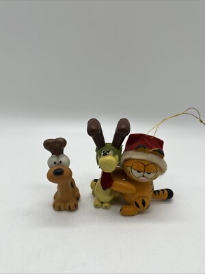 Santa Garfield & Odie Elf Christmas Ornament 1981 With RubberHong Kong Dog