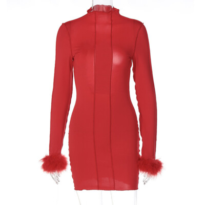 Women Solid Patchwork Feather Long Sleeve O-Neck Backless Club Mini Dress  #S10 | eBay