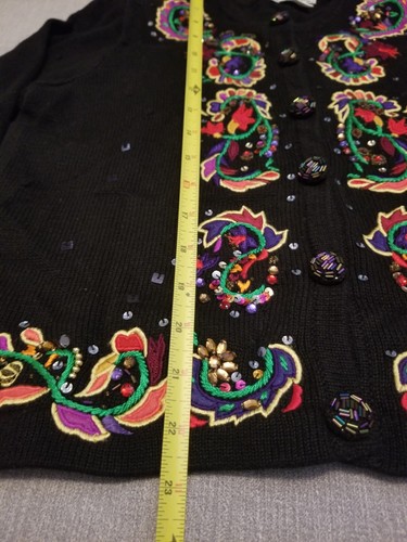 Vtg Jack B Quick Black Cardigan Sweater Embroidered Beaded Multi-Color Sz L - Picture 8 of 15