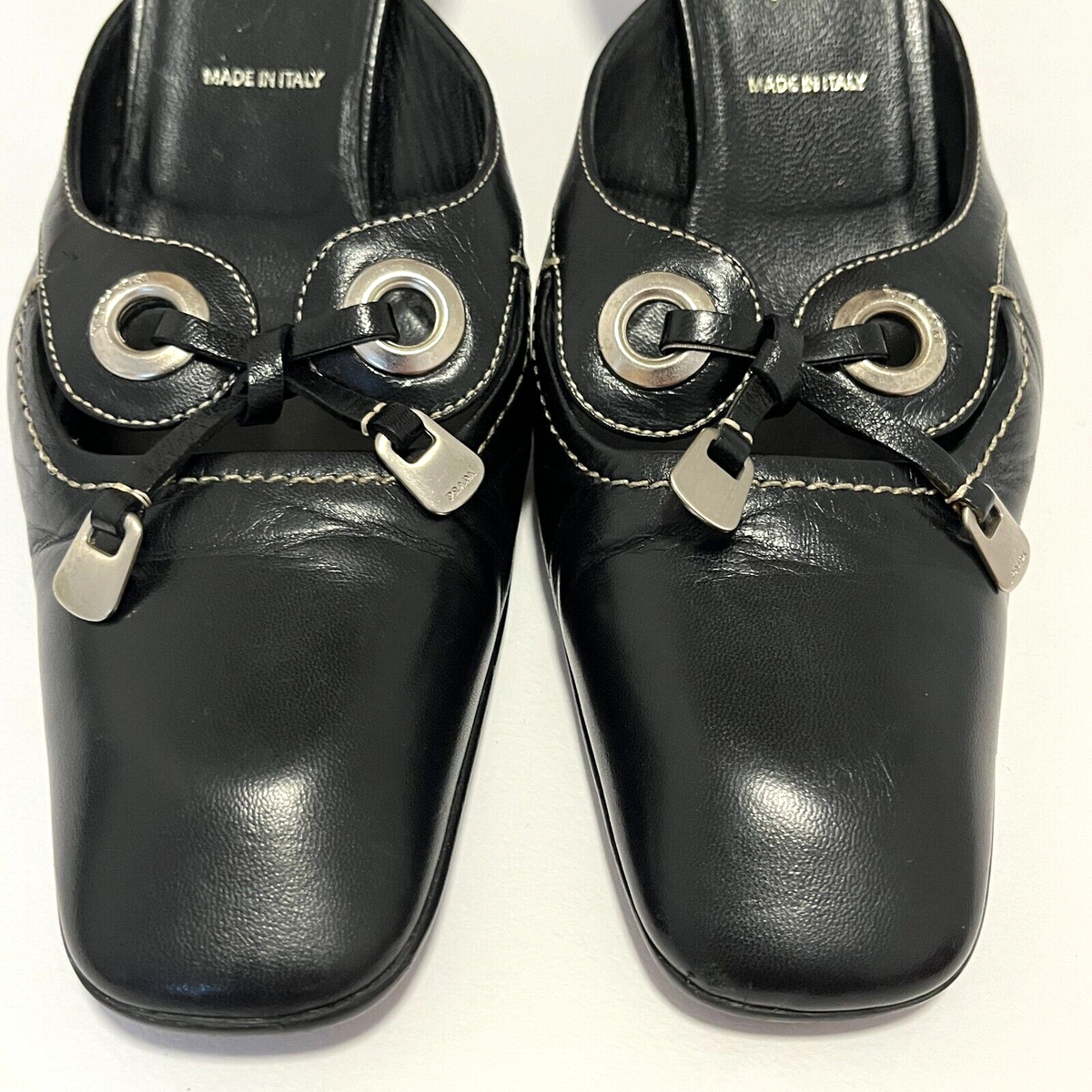 Vintage PRADA Square Toe Logo Pumps Kitten Heels Sandals 39 Vintage PRADA Square Toe Logo Pumps Kitten Heels Sandals 39