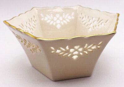 VTG Lenox Shelburne Small Bowl Pierced Hearts 24K Gold Trim Hexagon 6''