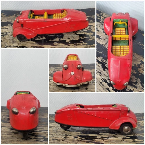 VTG 1957 Bandai Messerschmitt KR200 Red Japanese Tin Litho Friction 3-Wheel Car