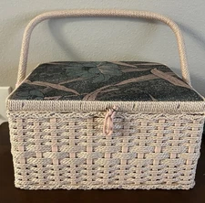Vintage 1980s-90s Sewing Box Basket Woven Blue Peach Floral Contents Included