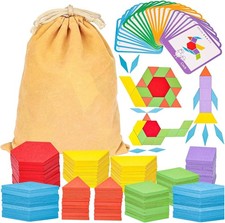 209 PCS Shapes Wooden Pattern Blocks for Kids,Geometric with Activity Cards a...