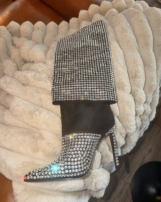 Rhinestone Knee High Stiletto Boots Silver/Black Pointed Toe Solid Size 8.5
