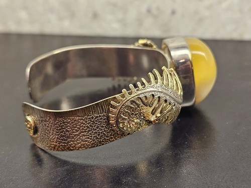 Top Quality Baltic Amber Silver And Plated Gold Adjustable BRACELET CUFF BANGLE - Picture 2 of 8