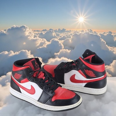Nike Men's  9.5 Air Jordan 1 Mid Sneakers Bred Toe Edition Black/White/Fire Red