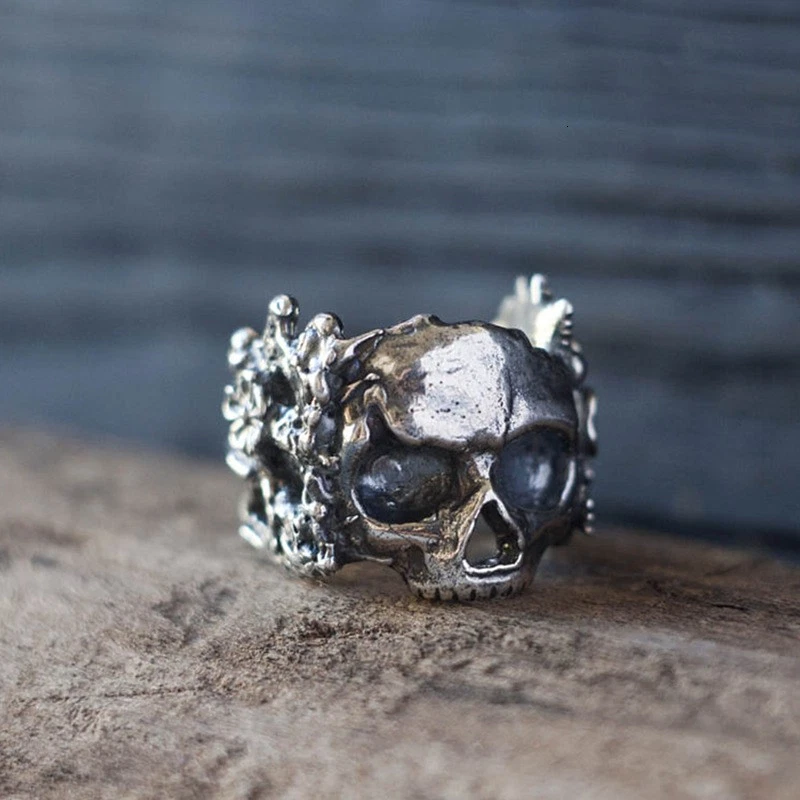 Anillo Gótico Calavera Flor Vintage Punk Hombres Mujeres Unisex Joyería Ajustable Foto 2 de 4
