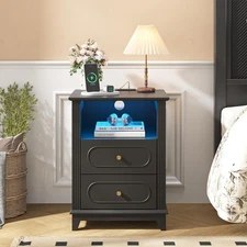 Black Nightstand with Charging Station, 17.7" W LED Night Stand End Table 2 D...