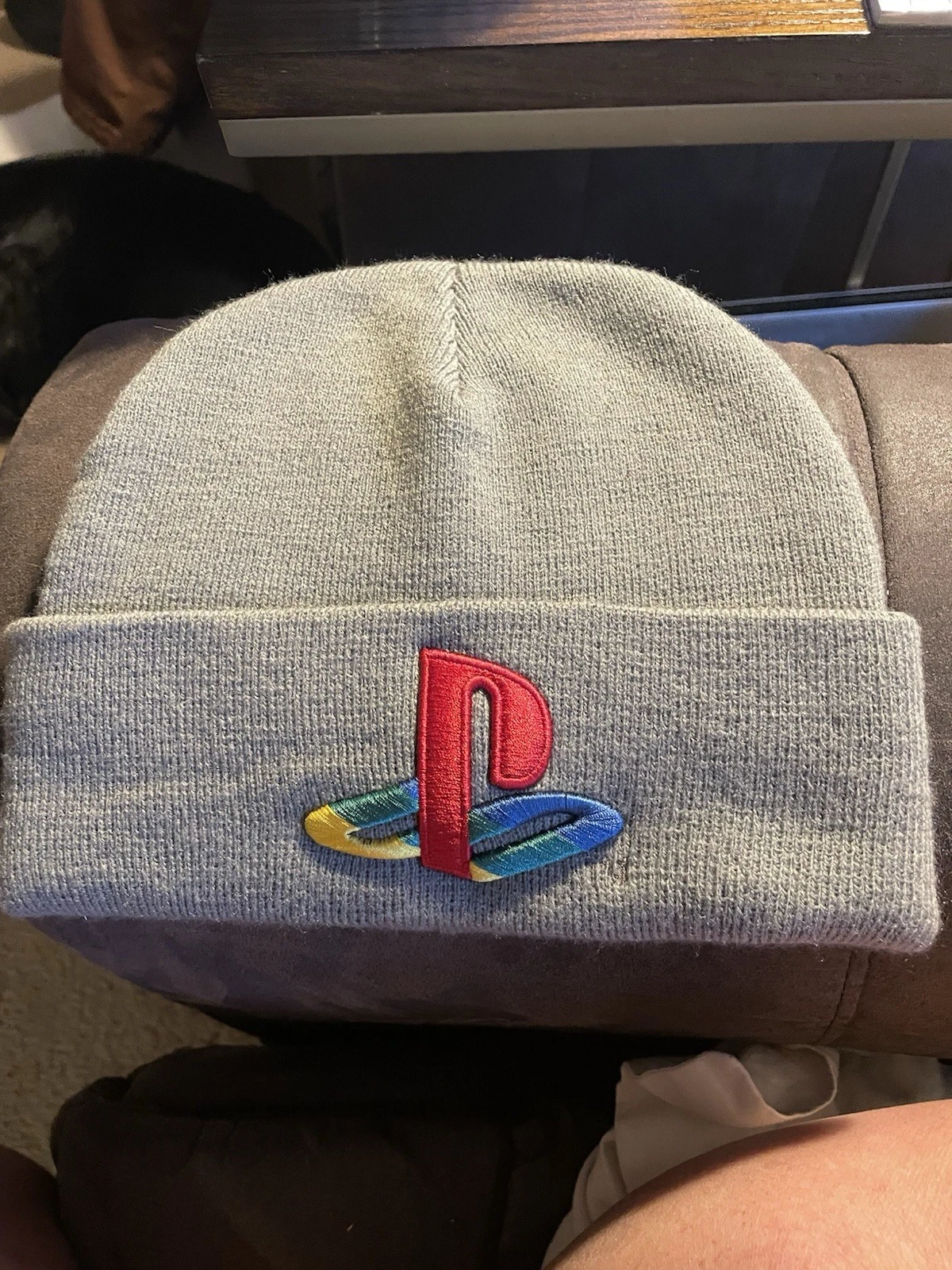 PlayStation Grey Beanie Stocking Cap PS Embroidered Patch Front Flat Top