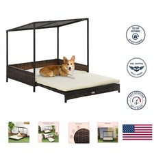 Outdoor Wicker Dog House with Canopy  Removable Cushion, 33.5" for Medium Pets