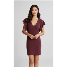 Express Deep V-Neck Flutter Sleeve Sweater Dress Pink Marl S