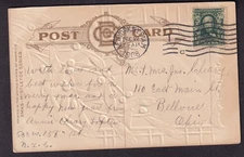 1908 Christmas Wishes post card New York Sta M to John Cleary Bellevue Ohio