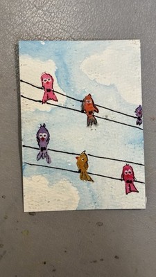ACEO Original Painting - Birds,  Flock, Electric Line - Chaotic Sanity | Sameera