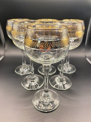Set 6 Vintage Retro 50er Jahre gold verziert Hock Weinkelche Gläser MCM Sammlerstücke