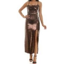Violet Weekend Brown Sequin Maxi Dress Prom Formal Gown Side Slit Size 11/12