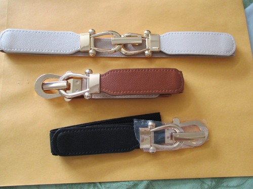 NEW 3 PACK WOMEN'S SKINNY ELASTIC WAIST BELTS GOLD BUCKLE