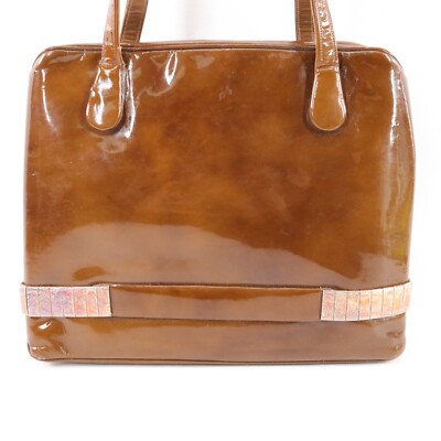 Vtg 60s Joseph by Holzman Handbag Women Caramel Satchel Patent