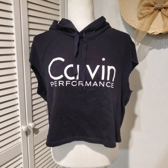 Calvin Klein Performance Logo cropped Sleeveless Hoodie Black - Image 2 of 4