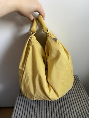 Neuwertig Mandarina Duck Tasche Gelb Textil Leder H 37 34 T 16