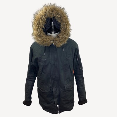 Superdry International Mens Black Military Parka Faux Fur Hood Button Zip  Size M