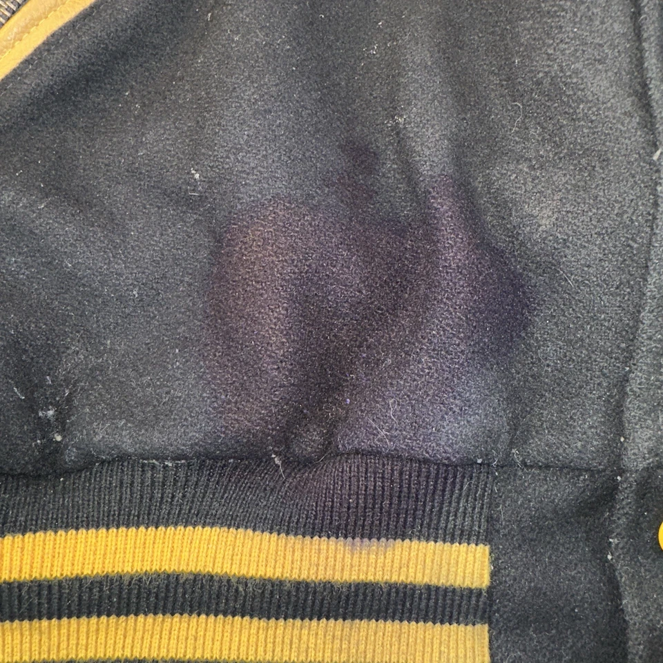 Size XL - Men's Holloway Black Wool Tan Leather Varsity Jacket (Ink Stain) - Image 2 of 4