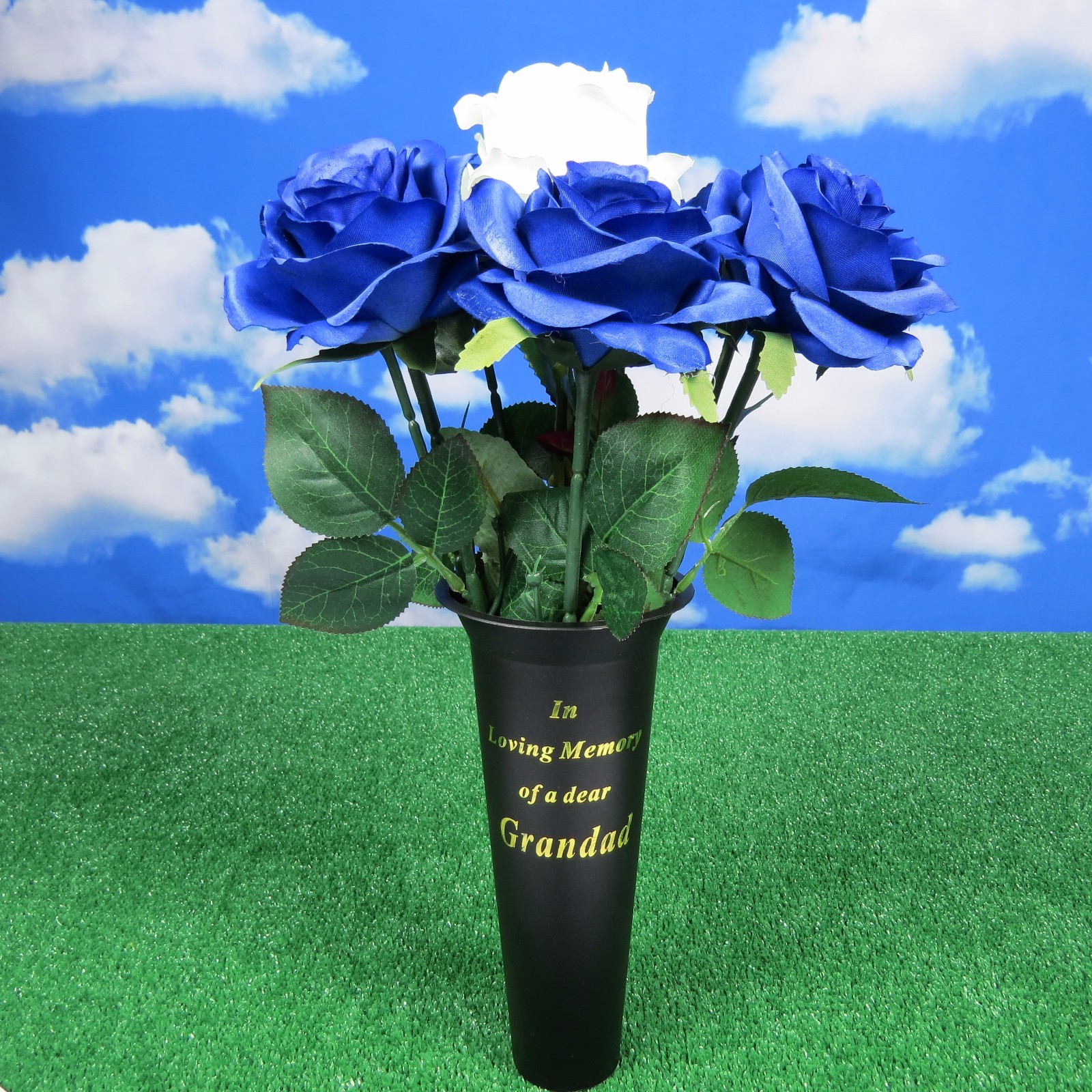 MEMORIAL GRAVE VASE & ROSES DAD GRANDAD HUSBAND Graveside Flowers Free